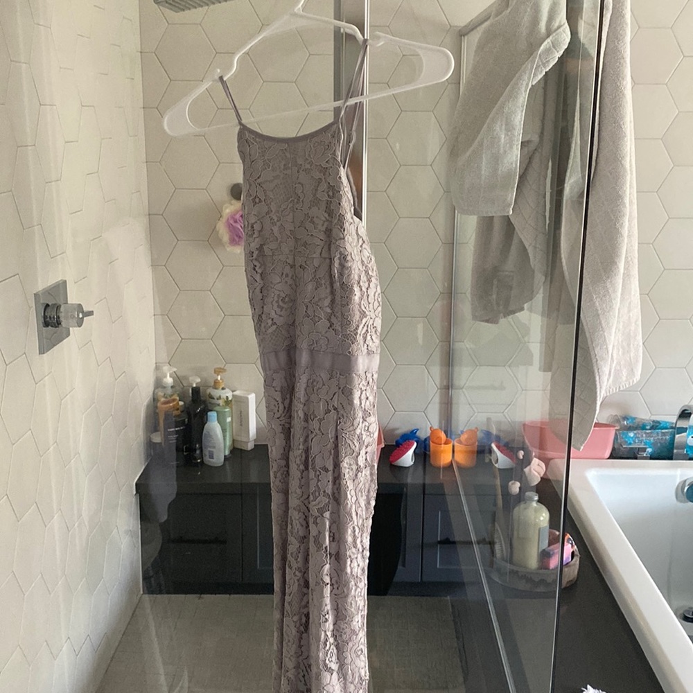 Gray lace maxi dress with crossed straps in the back